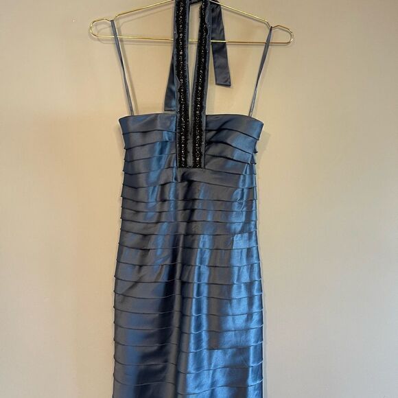 BCBGMaxAzria Blue Grey Woven Embellished Halter Dress | SZ 4 - Picture 6 of 16